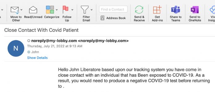 Close Contact MyLobby Email